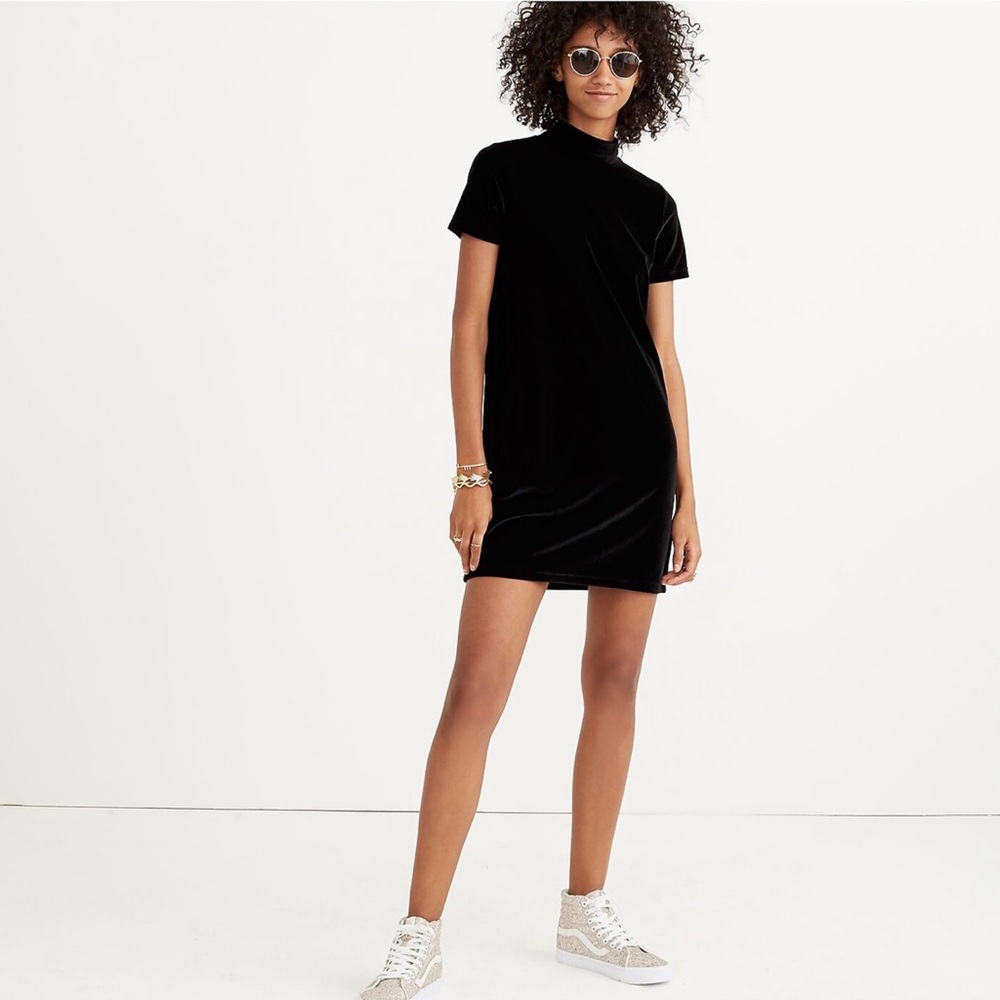 Madewell Velvet Mockneck Dress Short Sleeves Stretch Black Sz XS